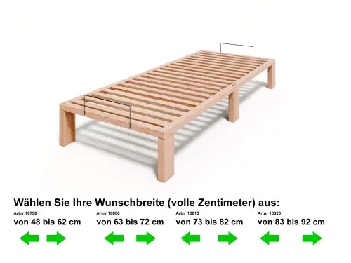 Artikelbild des Artikels “Sondermaß – Wunschbreite Kiefer massiv Holzbett Gigapur G56 Naturbelassen, mit Standardfuß 25cm Höhe,  inkl. Lattenrost und Matratzenbügeln G56 Wunschbreite von 48 bis 62 cm“